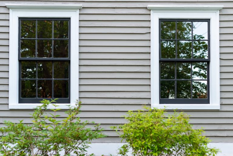 Two vintage identical double hung windows with trees reflecting on a beige color exterior wall.